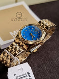 Michael Kors Lexington Three Hand Blue Dial Gold Steel Strap Watch for Women - MK4813