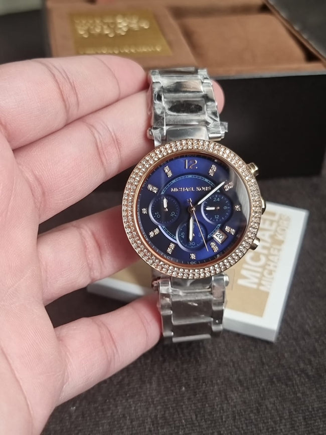 Michael Kors Parker Two-tone Stainless Steel Blue Dial Chronograph Quartz Watch for Ladies - MK-6141 Hover Image