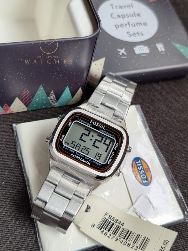 Fossil Retro Digital Silver Stainless Steel Positive Display Dial Digital Watch for Gents - FS5844 Hover Image