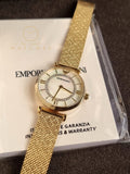 Emporio Armani Gianni T-Bar Gold Mesh Bracelet Mother Of Pearl Dial Quartz Watch for Ladies - AR11321