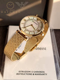 Emporio Armani Gianni T-Bar Gold Mesh Bracelet Mother Of Pearl Dial Quartz Watch for Ladies - AR11321