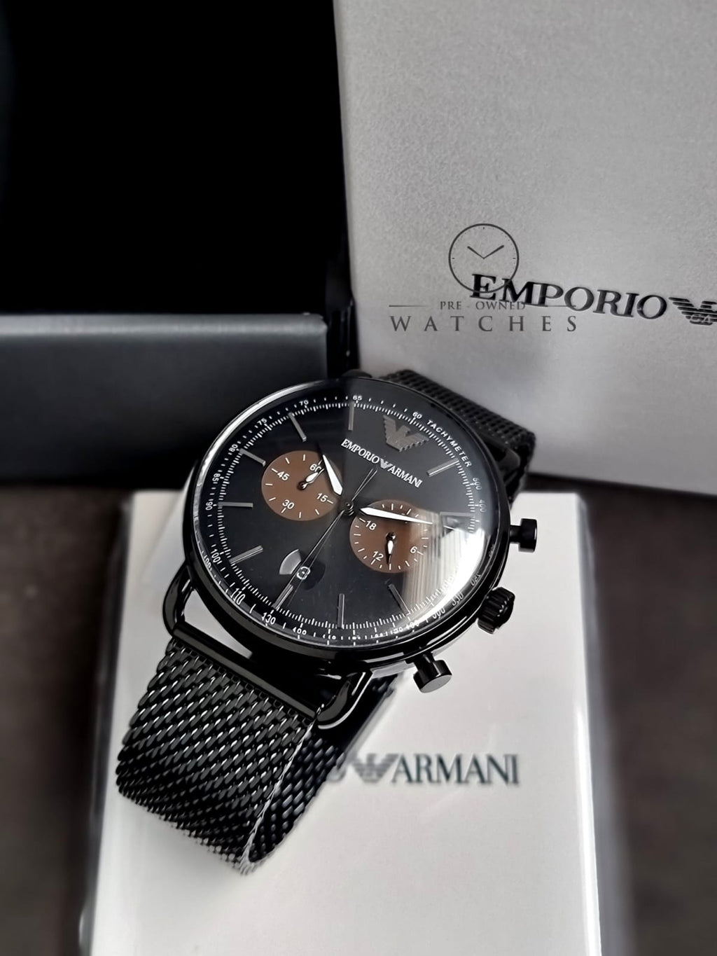 Emporio Armani Mens Chronograph Quartz Stainless Steel Black Dial 43mm Watch AR11142