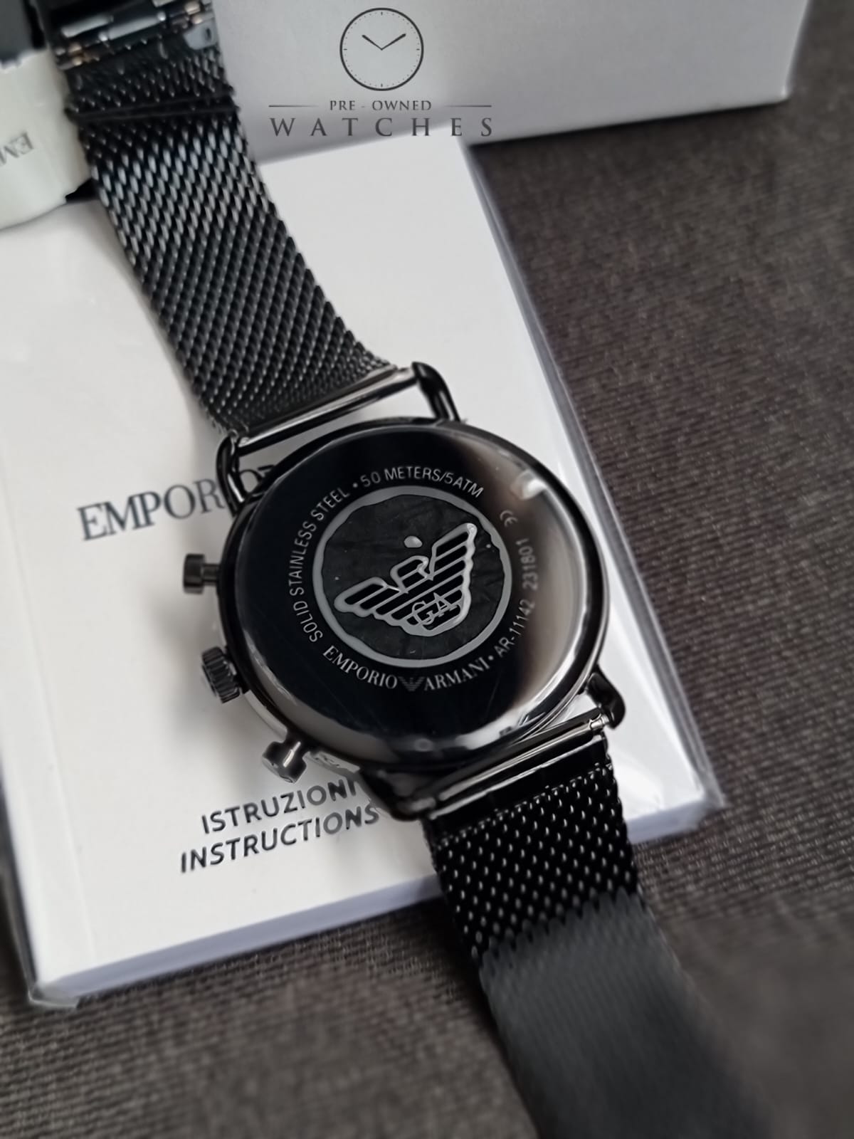 Emporio Armani Mens Chronograph Quartz Stainless Steel Black Dial 43mm Watch AR11142