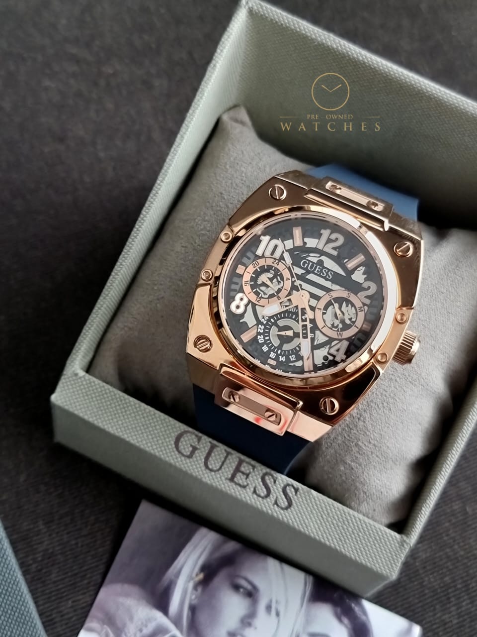 Guess Men’s Quartz Blue Silicone Strap Black Dial 43mm Watch GW0569G3