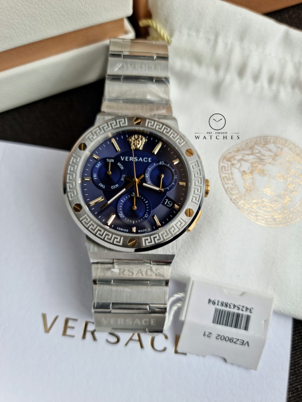 Versace Men’s Quartz Swiss Made Silver Stainless Steel Blue Dial 43mm Watch VEZ900221