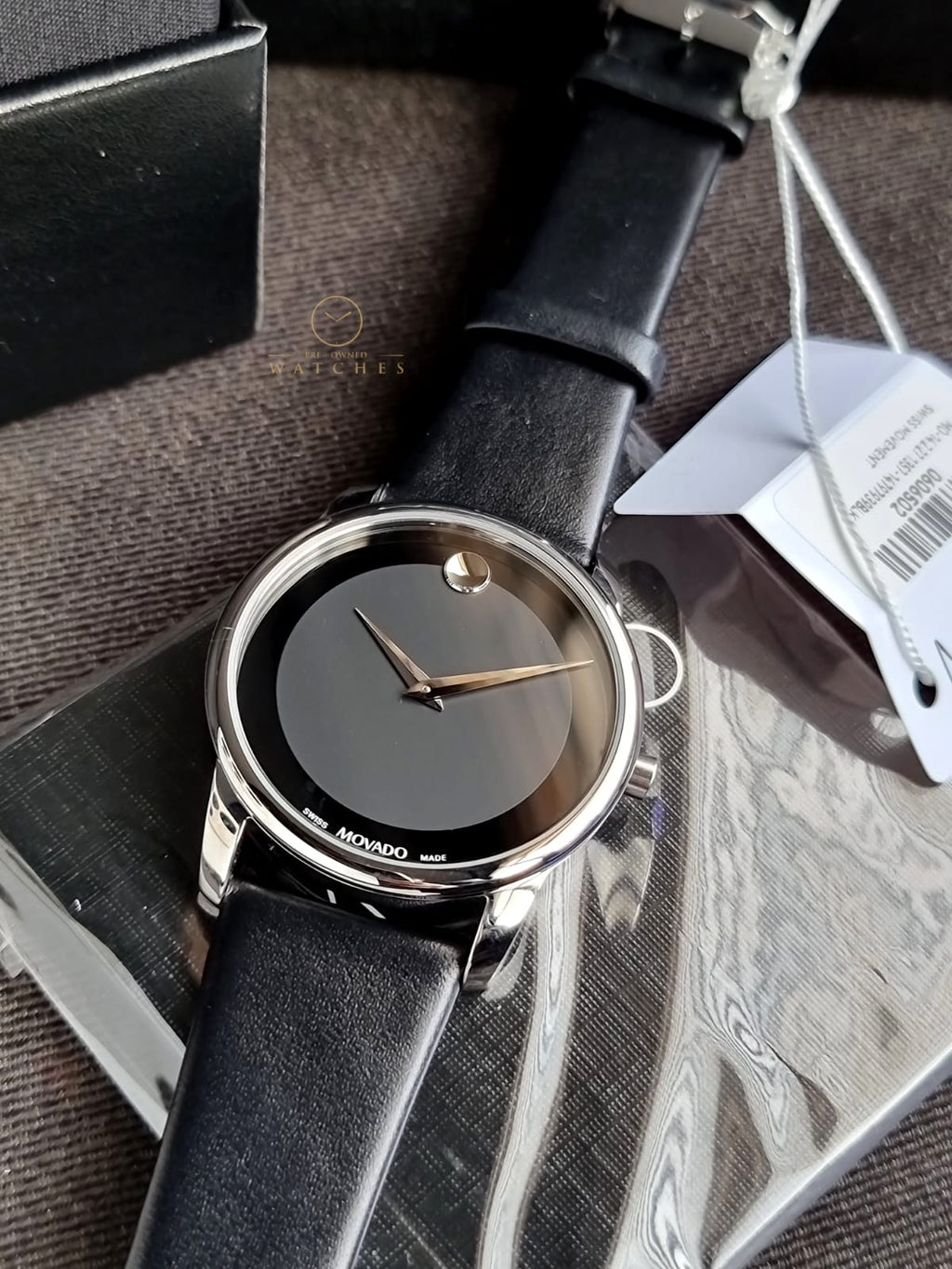 Movado Museum Black Leather Strap Black Dial Quartz Watch for Gents - Movado 0606502