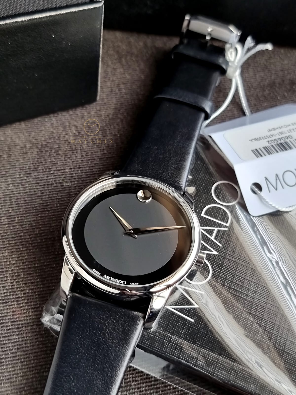 Movado Museum Black Leather Strap Black Dial Quartz Watch for Gents - Movado 0606502