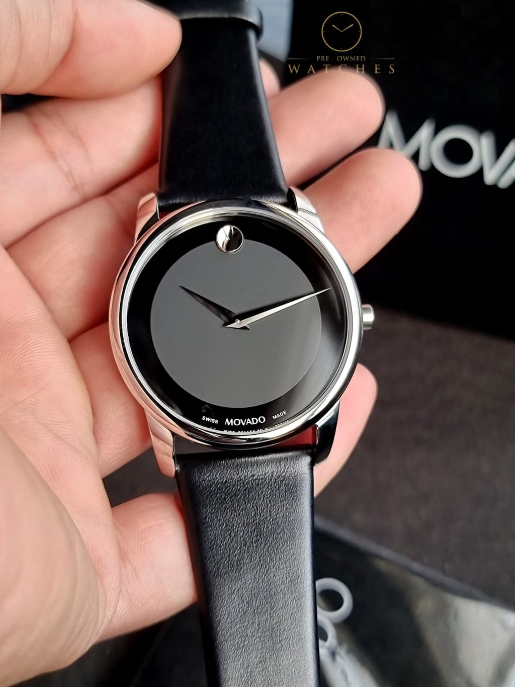 Movado Museum Black Leather Strap Black Dial Quartz Watch for Gents - Movado 0606502