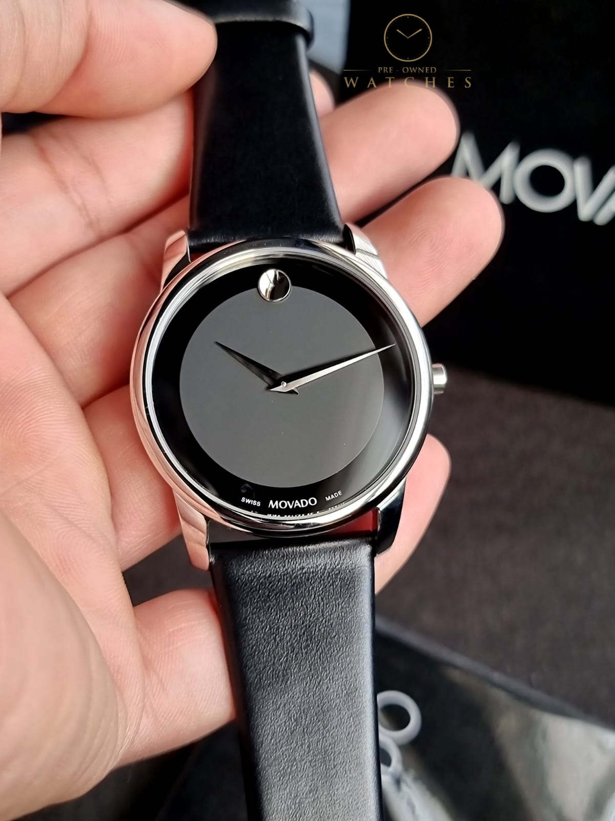 Movado Museum Black Leather Strap Black Dial Quartz Watch for Gents - Movado 0606502