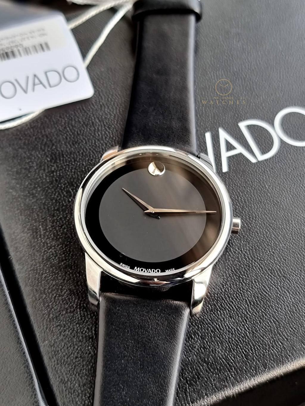 Movado Museum Black Leather Strap Black Dial Quartz Watch for Gents - Movado 0606502