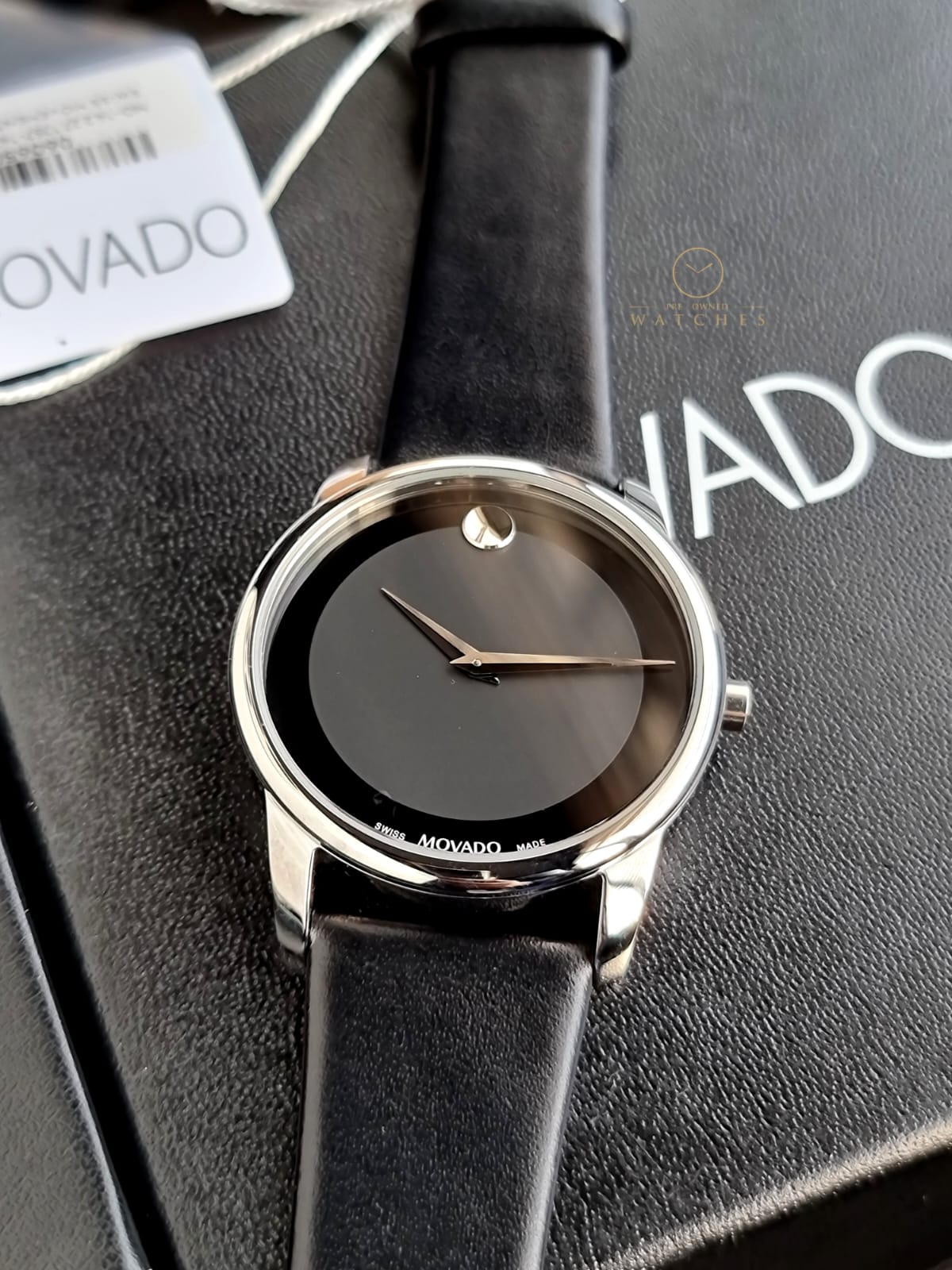 Movado Museum Black Leather Strap Black Dial Quartz Watch for Gents - Movado 0606502
