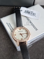 Emporio Armani Cleo Three-Hand Mother of Pearl Dial Black Leather Strap Watch For Women - AR11485