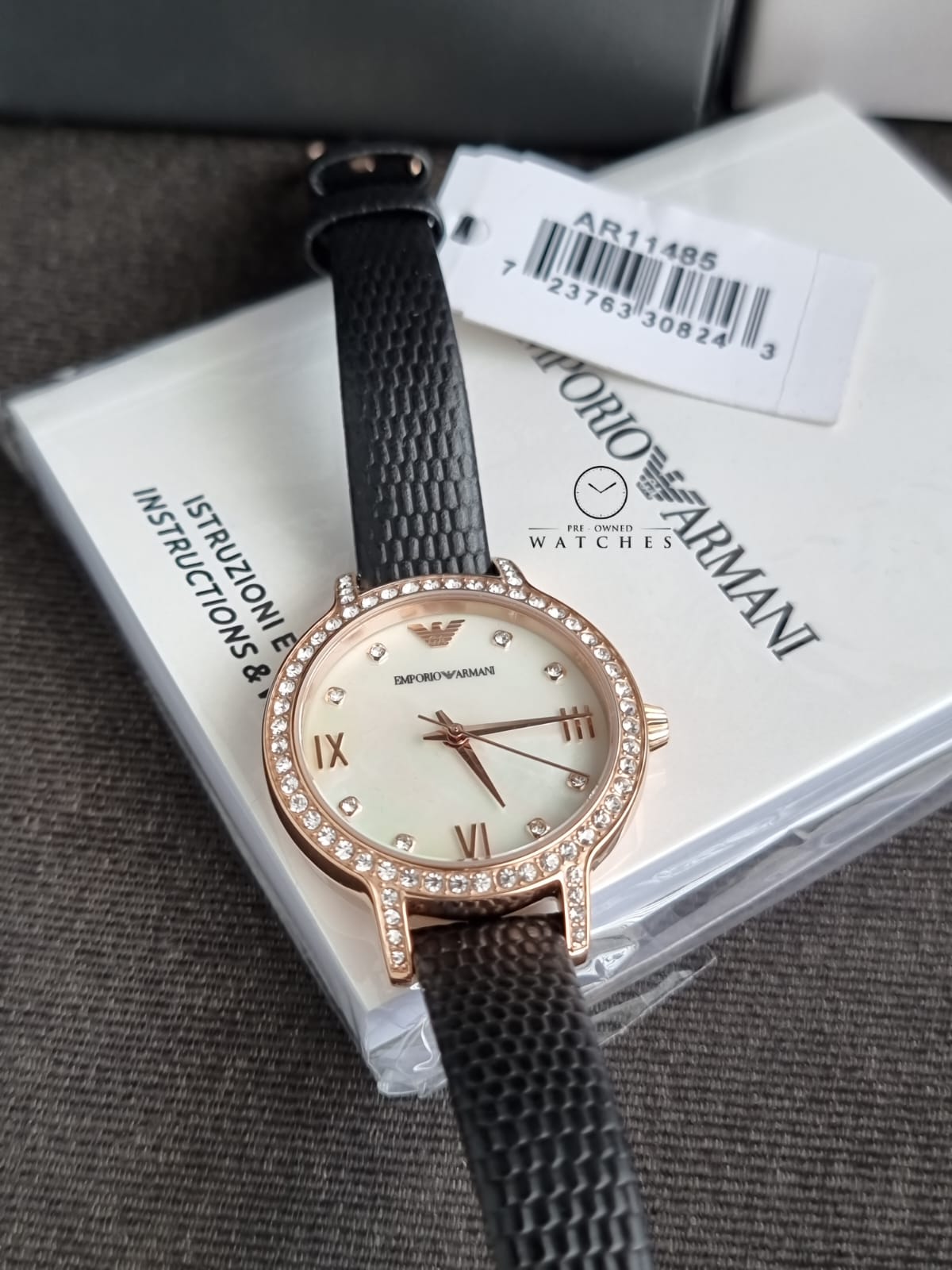 Emporio Armani Cleo Three-Hand Mother of Pearl Dial Black Leather Strap Watch For Women - AR11485