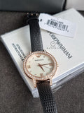 Emporio Armani Cleo Three-Hand Mother of Pearl Dial Black Leather Strap Watch For Women - AR11485