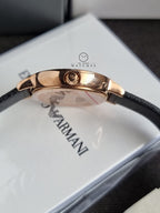 Emporio Armani Cleo Three-Hand Mother of Pearl Dial Black Leather Strap Watch For Women - AR11485