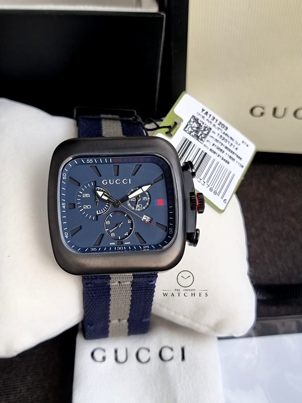 Gucci Coupe Blue-Gray-Blue Web Nylon Nato Blue Guilloche Dial Chronograph Quartz Watch for Gents - YA131203