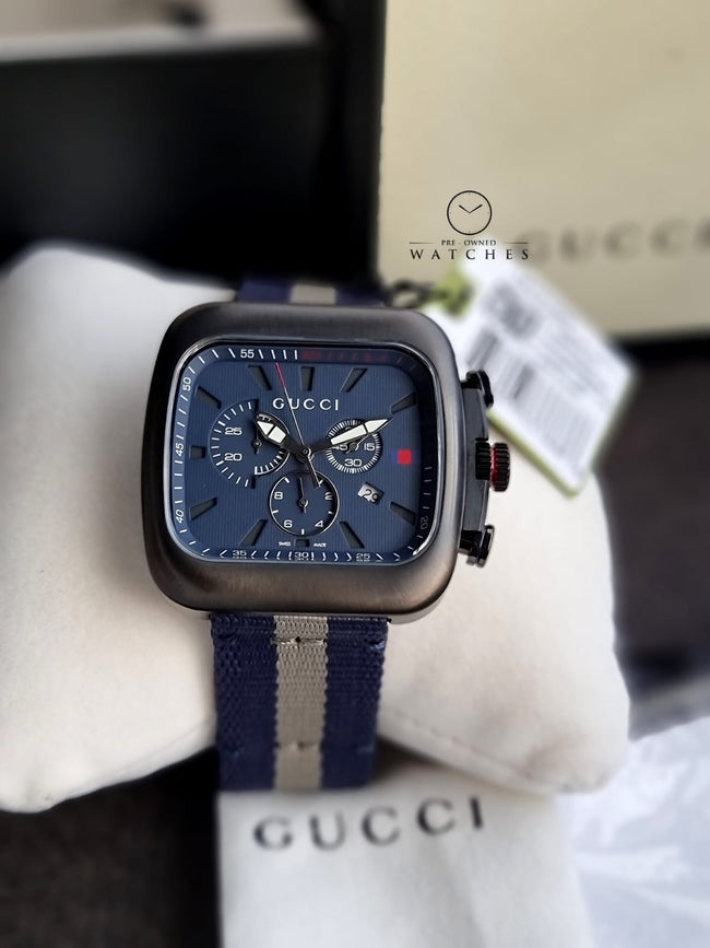 Gucci Coupe Blue-Gray-Blue Web Nylon Nato Blue Guilloche Dial Chronograph Quartz Watch for Gents - YA131203 Main Image