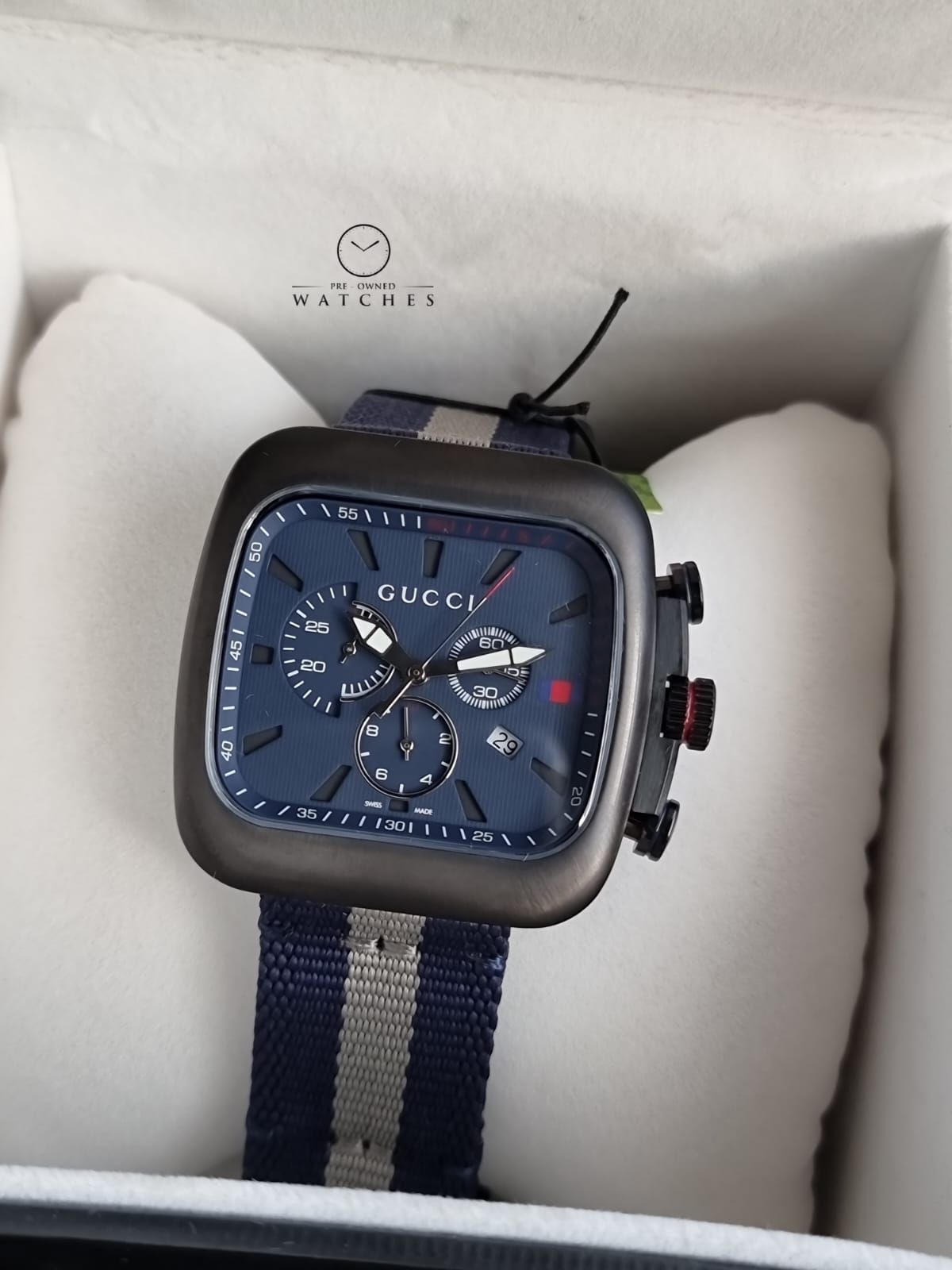 Gucci Coupe Blue-Gray-Blue Web Nylon Nato Blue Guilloche Dial Chronograph Quartz Watch for Gents - YA131203