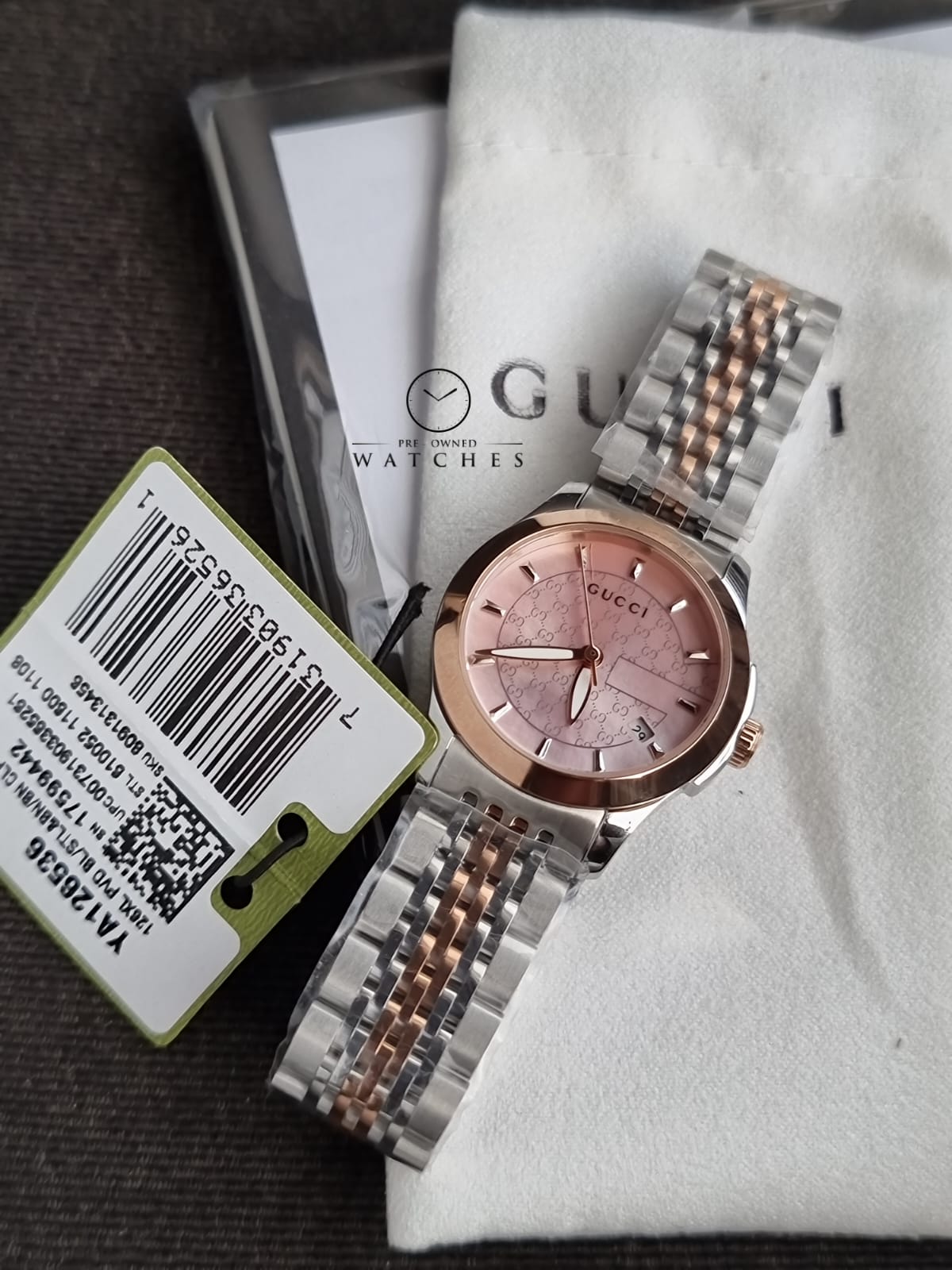 GuGucci Women’s Quartz Two Tone Stainless Steel Pink Mother Of Pearl Dial 27mm Watch YA126536