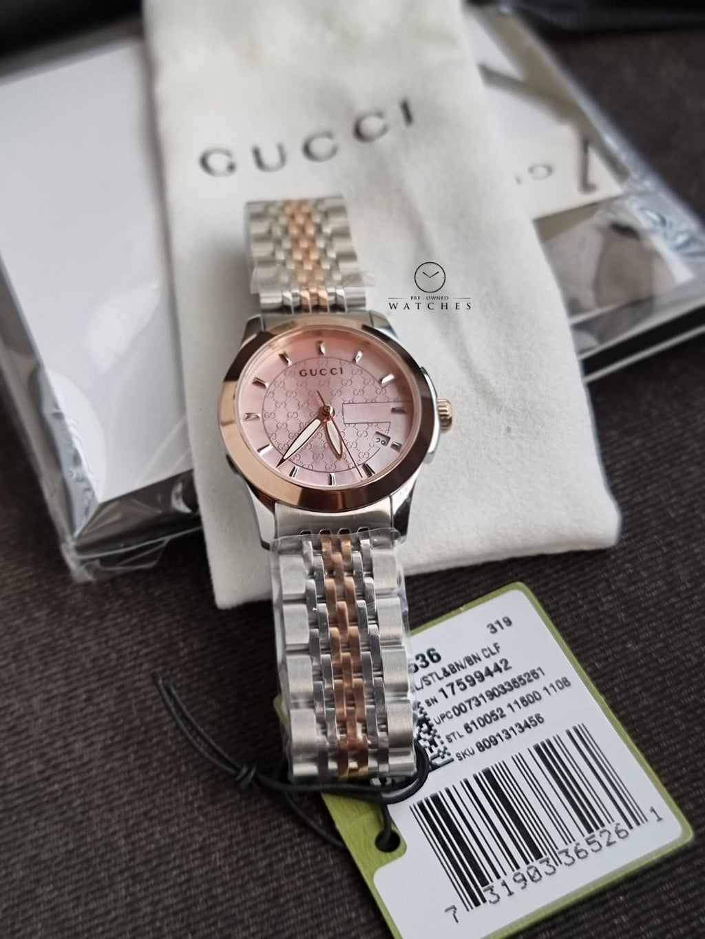 GuGucci Women’s Quartz Two Tone Stainless Steel Pink Mother Of Pearl Dial 27mm Watch YA126536