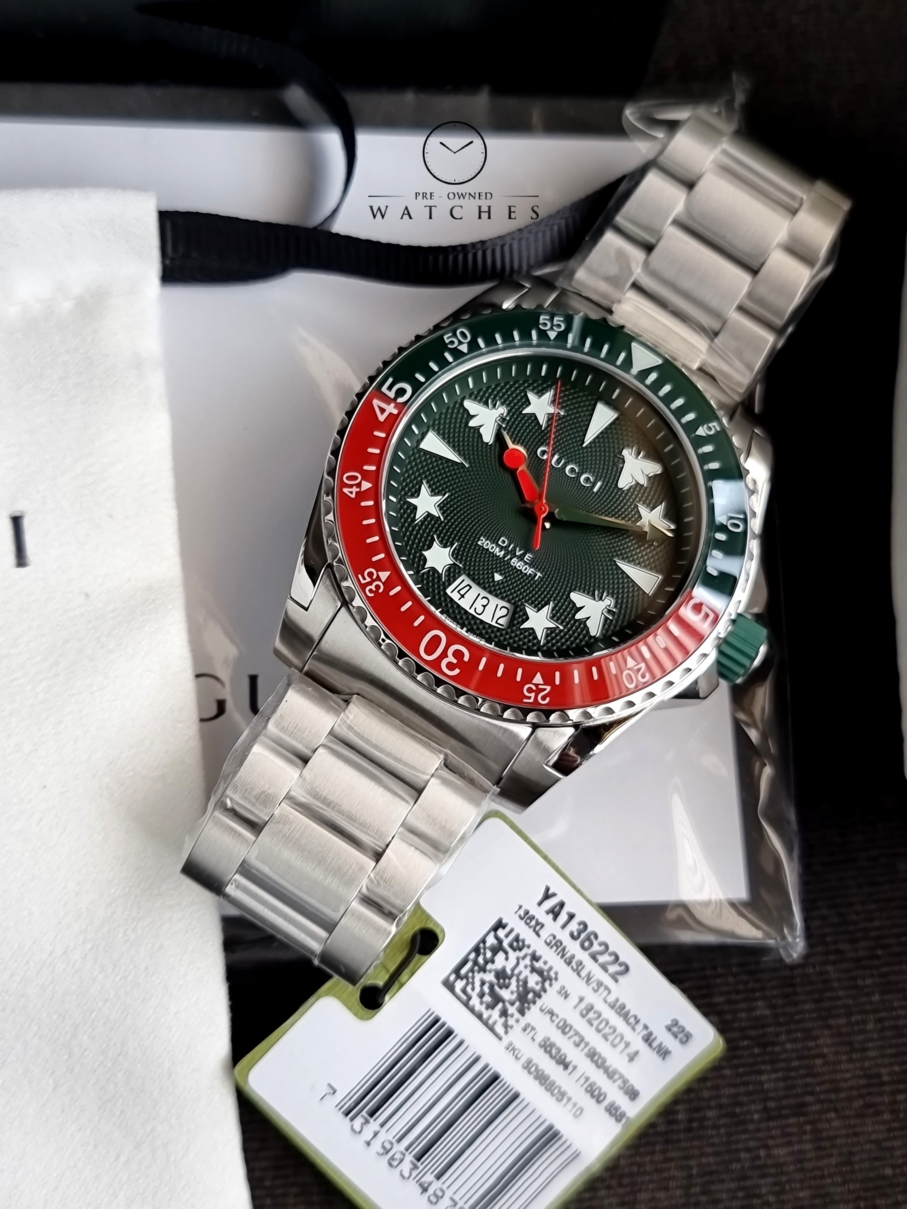 Gucci Men’s Swiss Made Quartz Stainless Steel Green Dial 45mm Watch YA136222