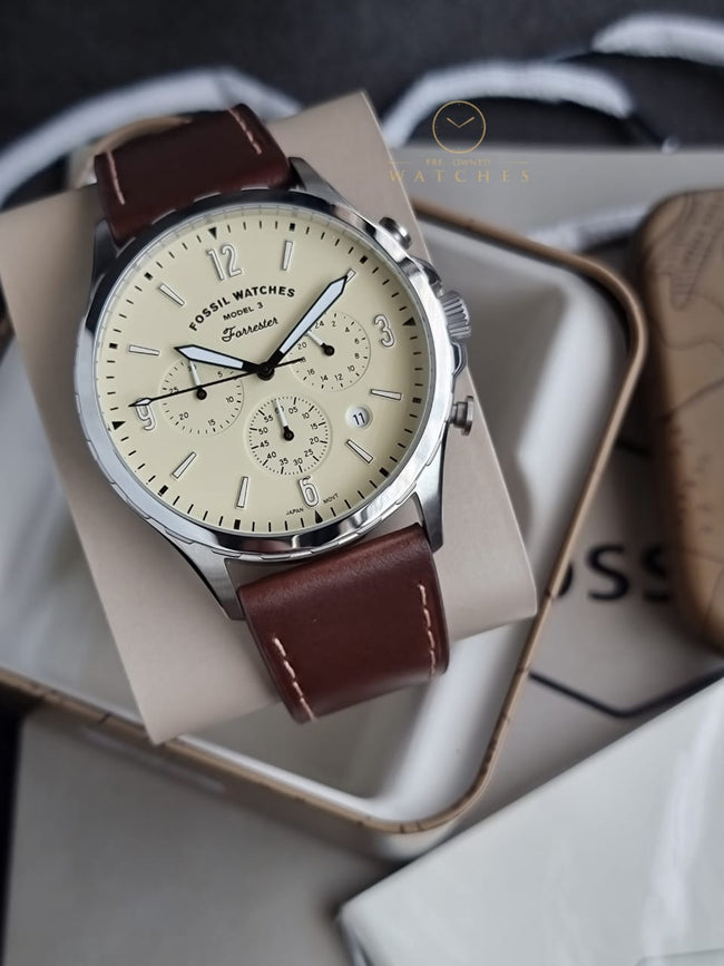 Fossil Forrester Brown Leather Strap Cream Dial Chronograph Quartz Watch for Gents - FS5696 Hover Image
