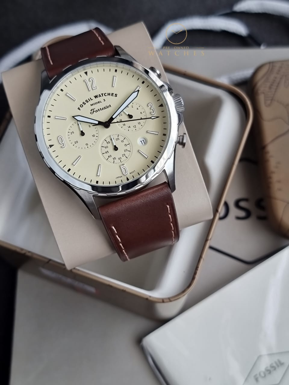 Fossil Forrester Brown Leather Strap Cream Dial Chronograph Quartz Watch for Gents - FS5696
