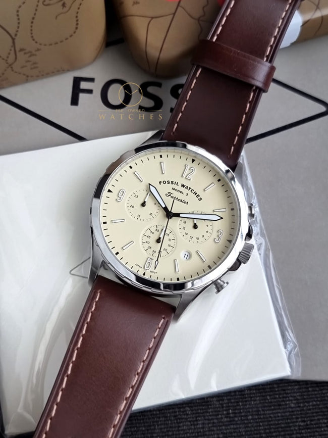 Fossil Forrester Brown Leather Strap Cream Dial Chronograph Quartz Watch for Gents - FS5696 Main Image