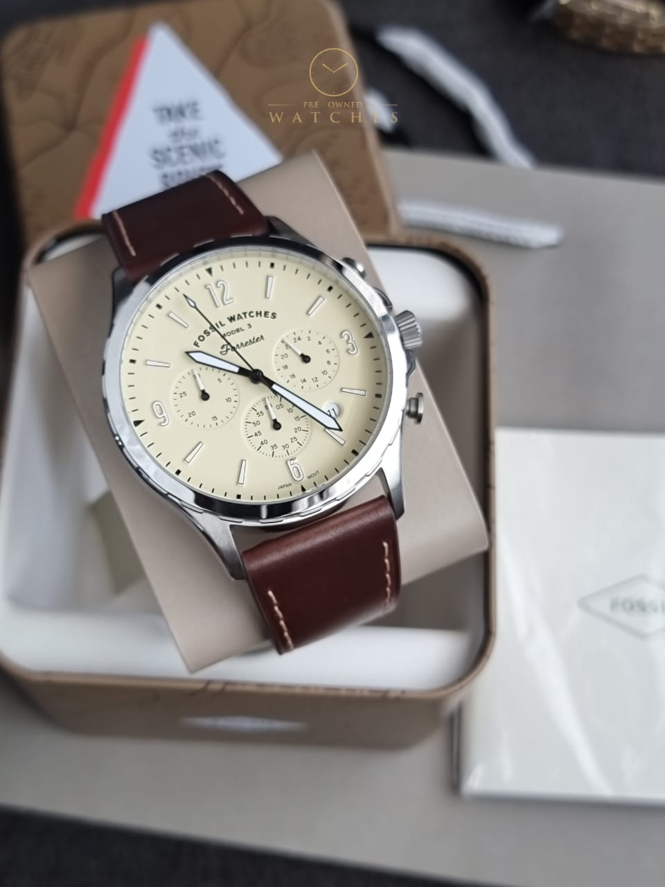 Fossil Forrester Brown Leather Strap Cream Dial Chronograph Quartz Watch for Gents - FS5696