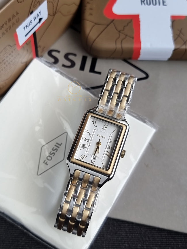 Fossil Women's Raquel Three-Hand Date Silver and Gold Two-Tone Stainless Steel Bracelet Watch (Model: ES5368) Hover Image