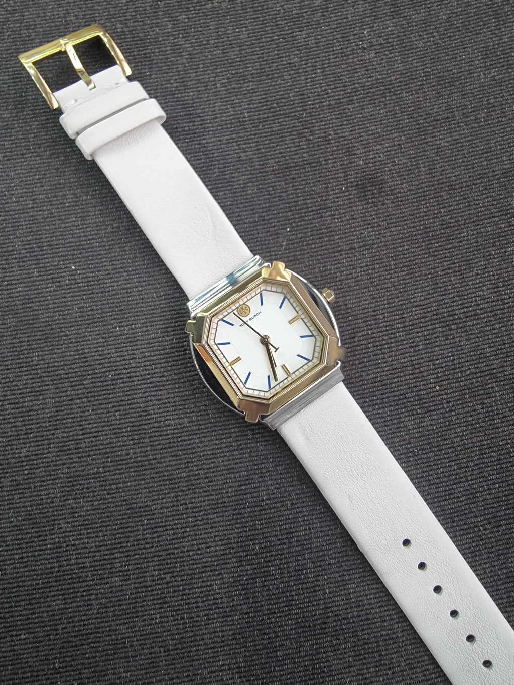 Tory Burch Blake  Leather Strap Silver & Gold Case 34mm Watch TBW5100