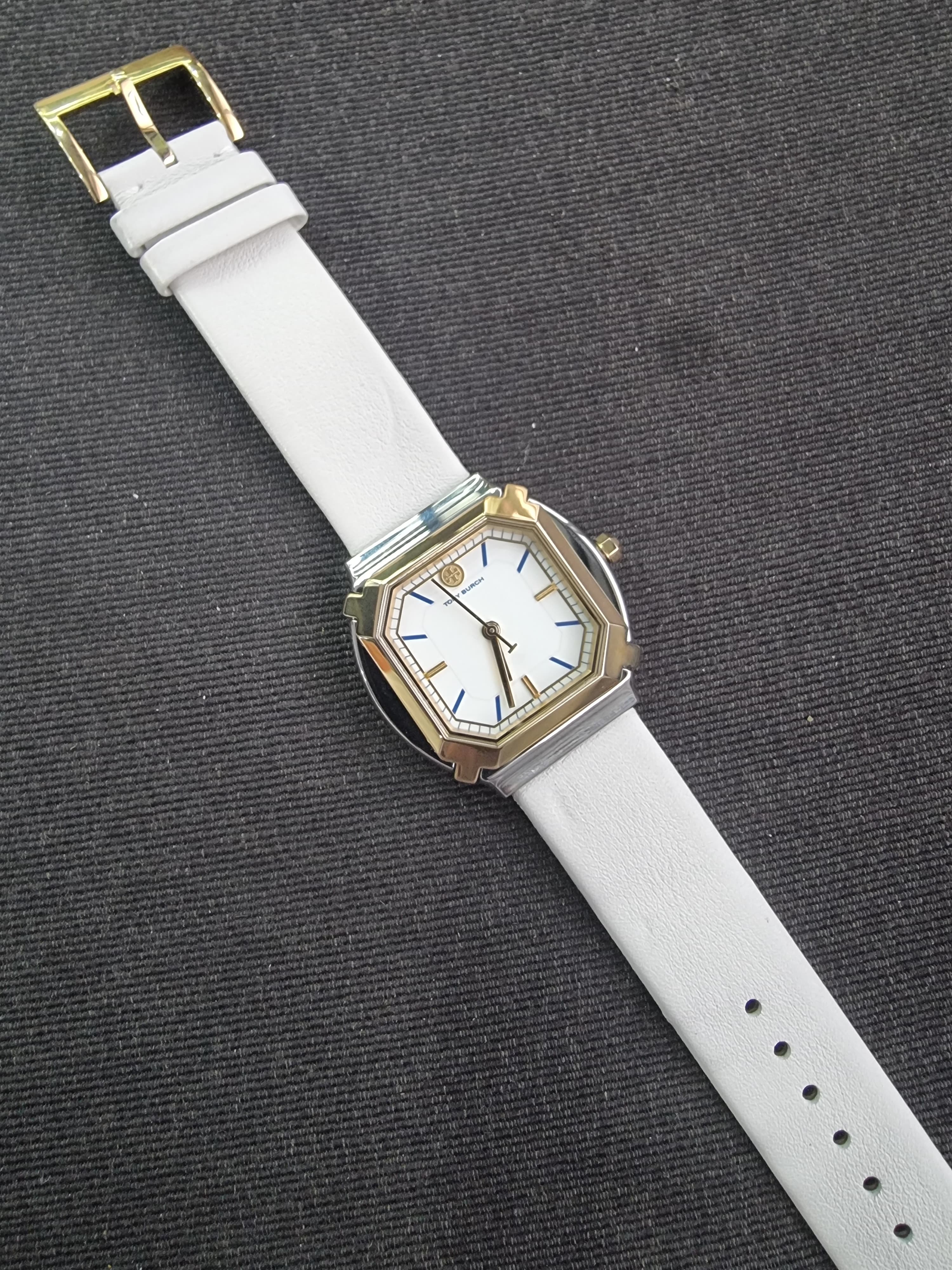 Tory Burch Blake  Leather Strap Silver & Gold Case 34mm Watch TBW5100