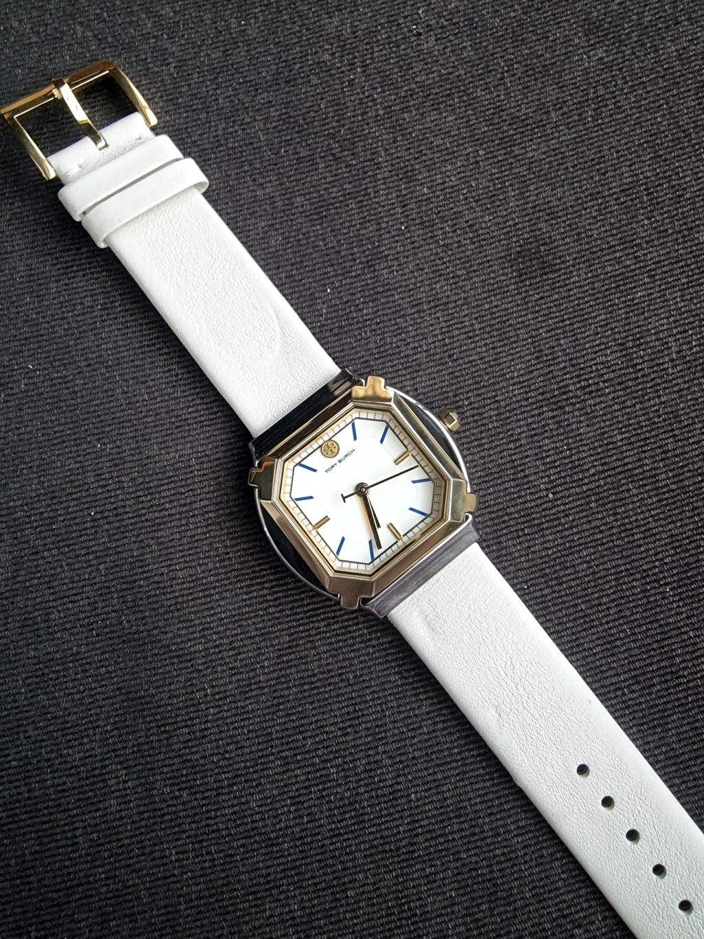 Tory Burch Blake  Leather Strap Silver & Gold Case 34mm Watch TBW5100
