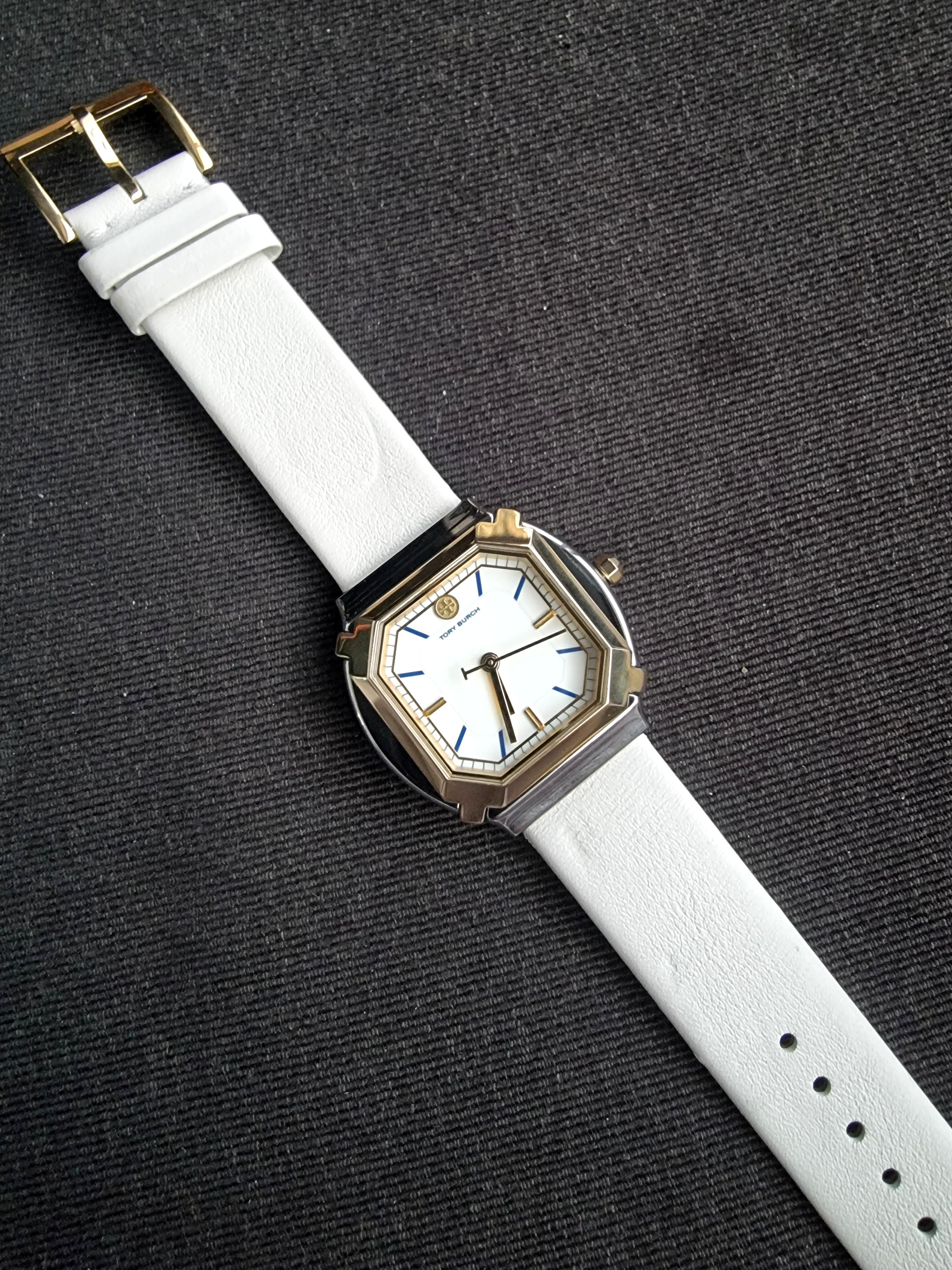 Tory Burch Blake  Leather Strap Silver & Gold Case 34mm Watch TBW5100