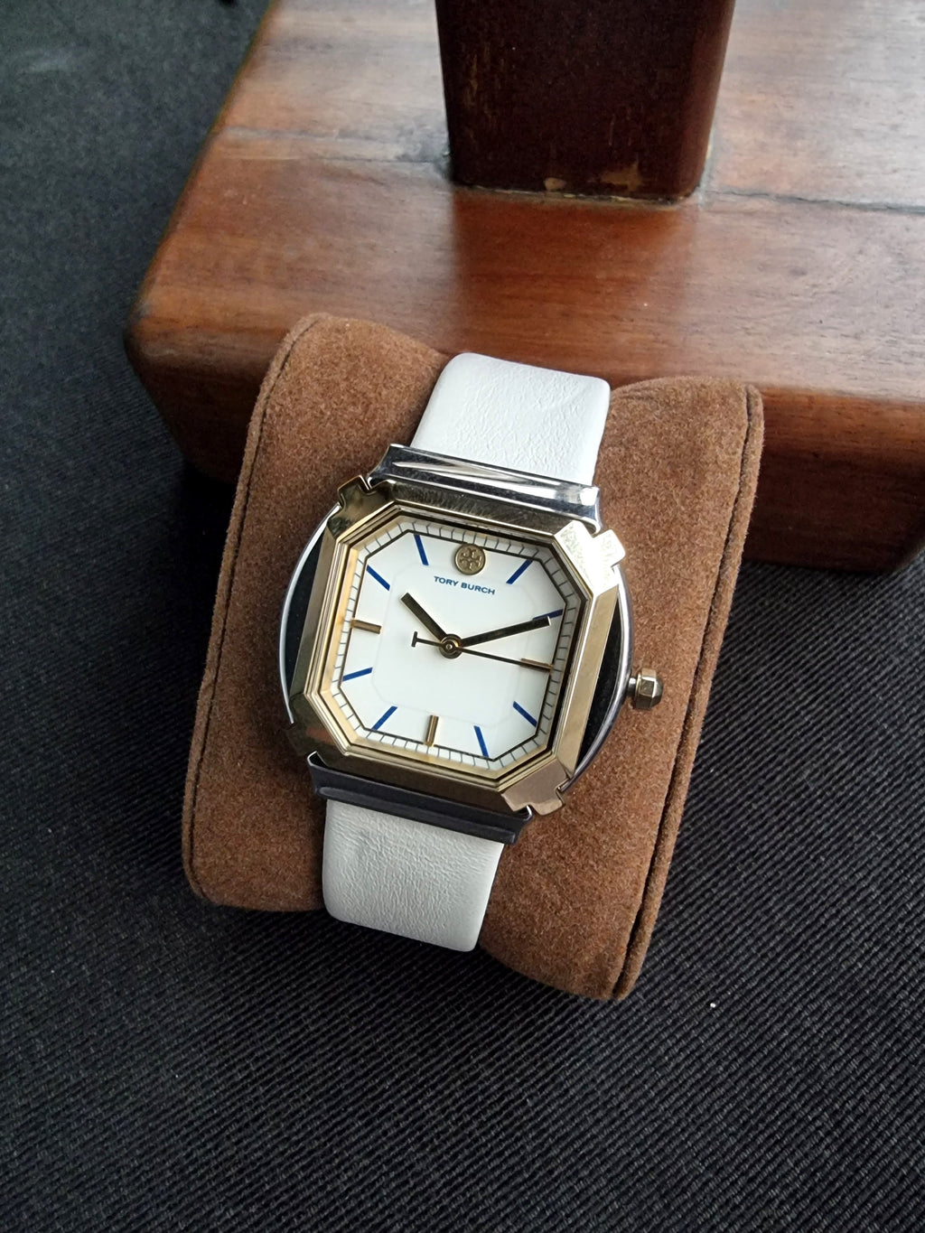 Tory Burch Blake  Leather Strap Silver & Gold Case 34mm Watch TBW5100