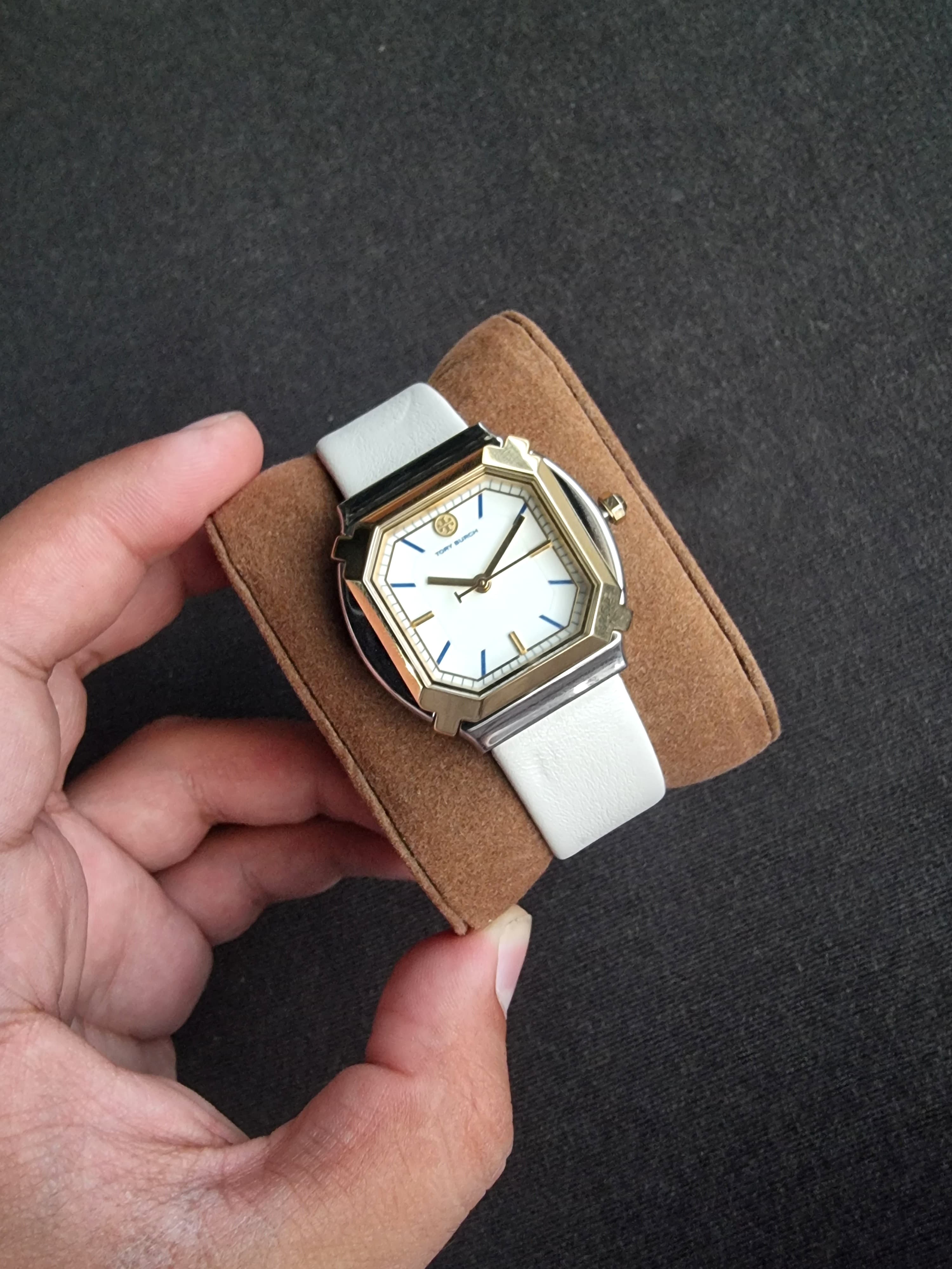 Tory Burch Blake  Leather Strap Silver & Gold Case 34mm Watch TBW5100