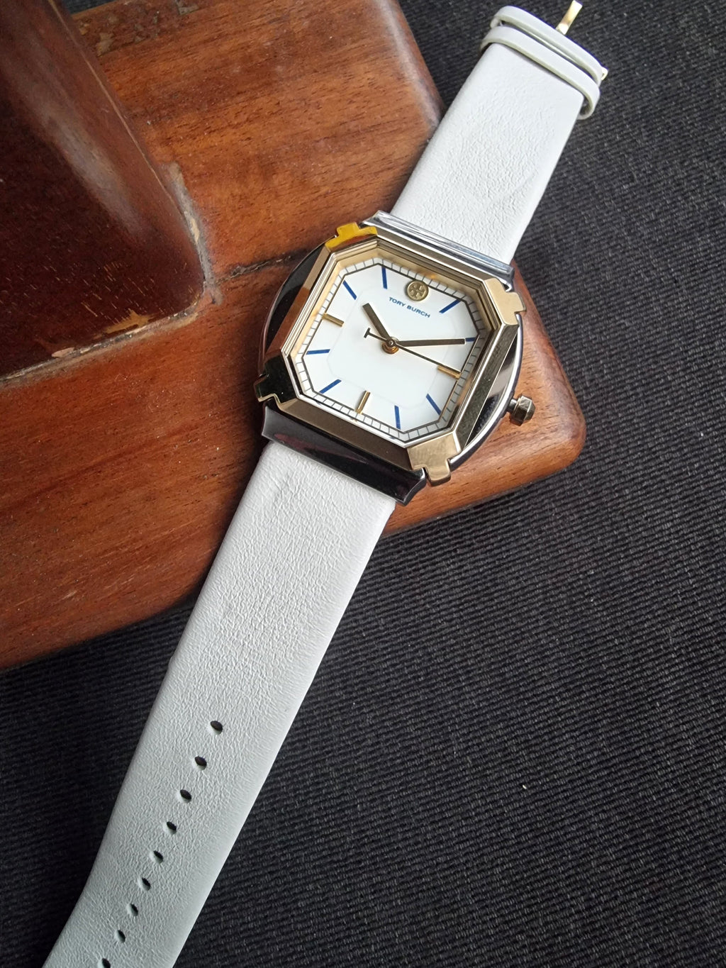Tory Burch Blake  Leather Strap Silver & Gold Case 34mm Watch TBW5100