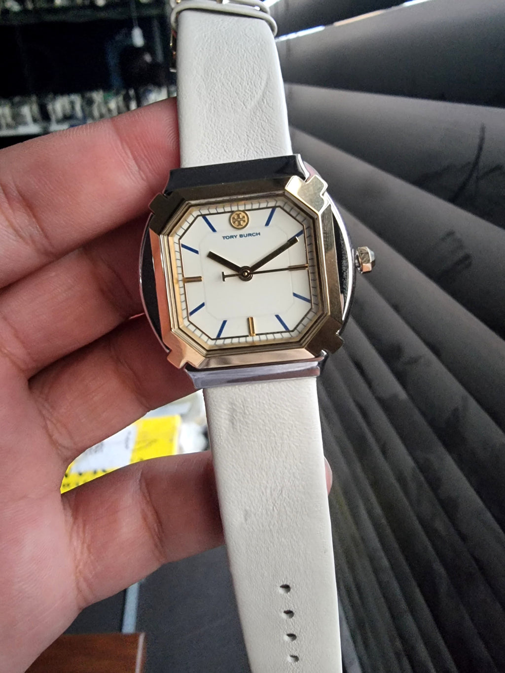 Tory Burch Blake  Leather Strap Silver & Gold Case 34mm Watch TBW5100
