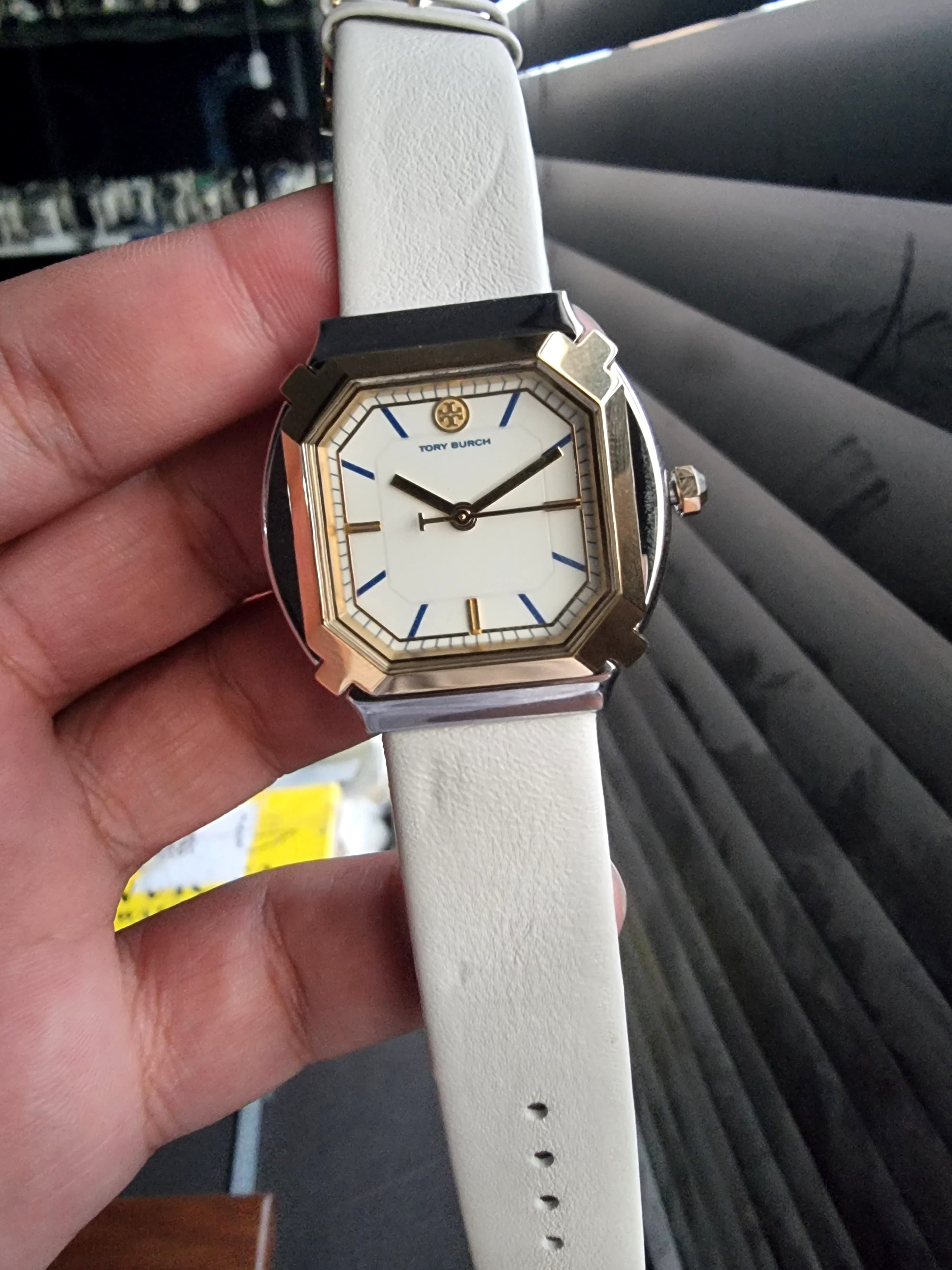 Tory Burch Blake  Leather Strap Silver & Gold Case 34mm Watch TBW5100