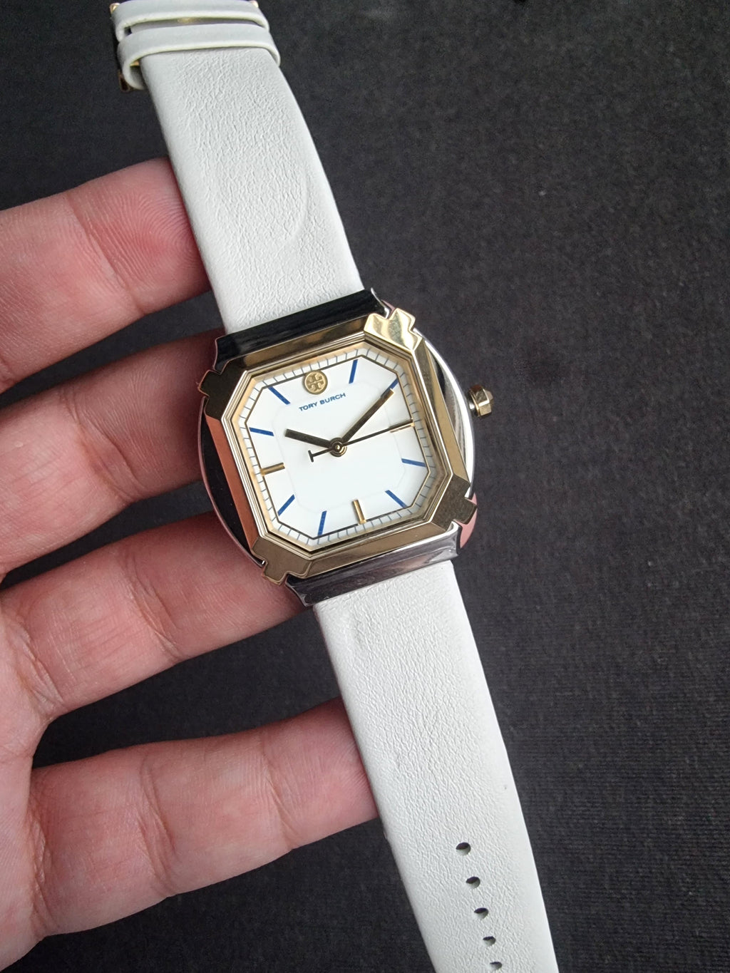 Tory Burch Blake  Leather Strap Silver & Gold Case 34mm Watch TBW5100