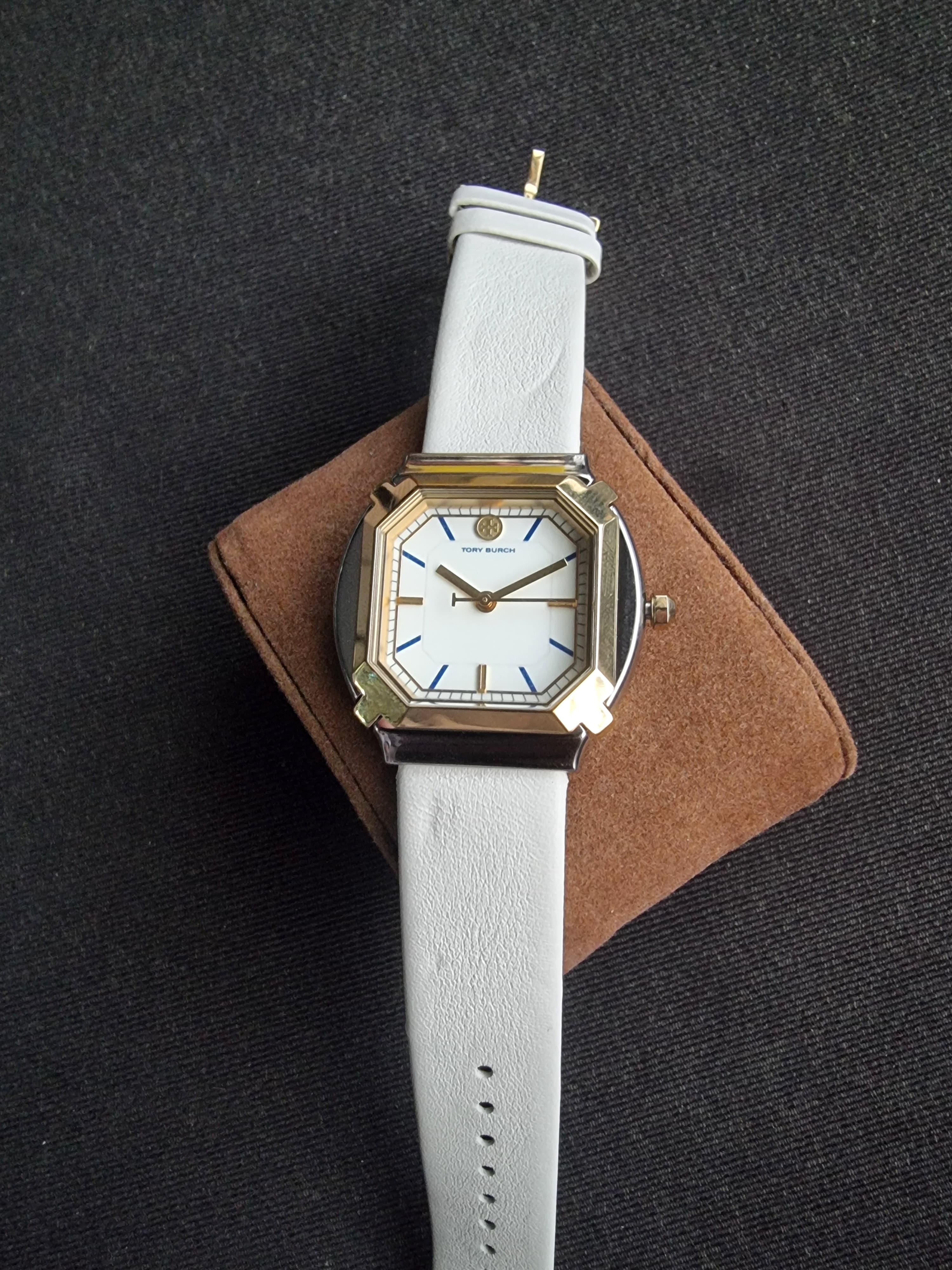 Tory Burch Blake  Leather Strap Silver & Gold Case 34mm Watch TBW5100