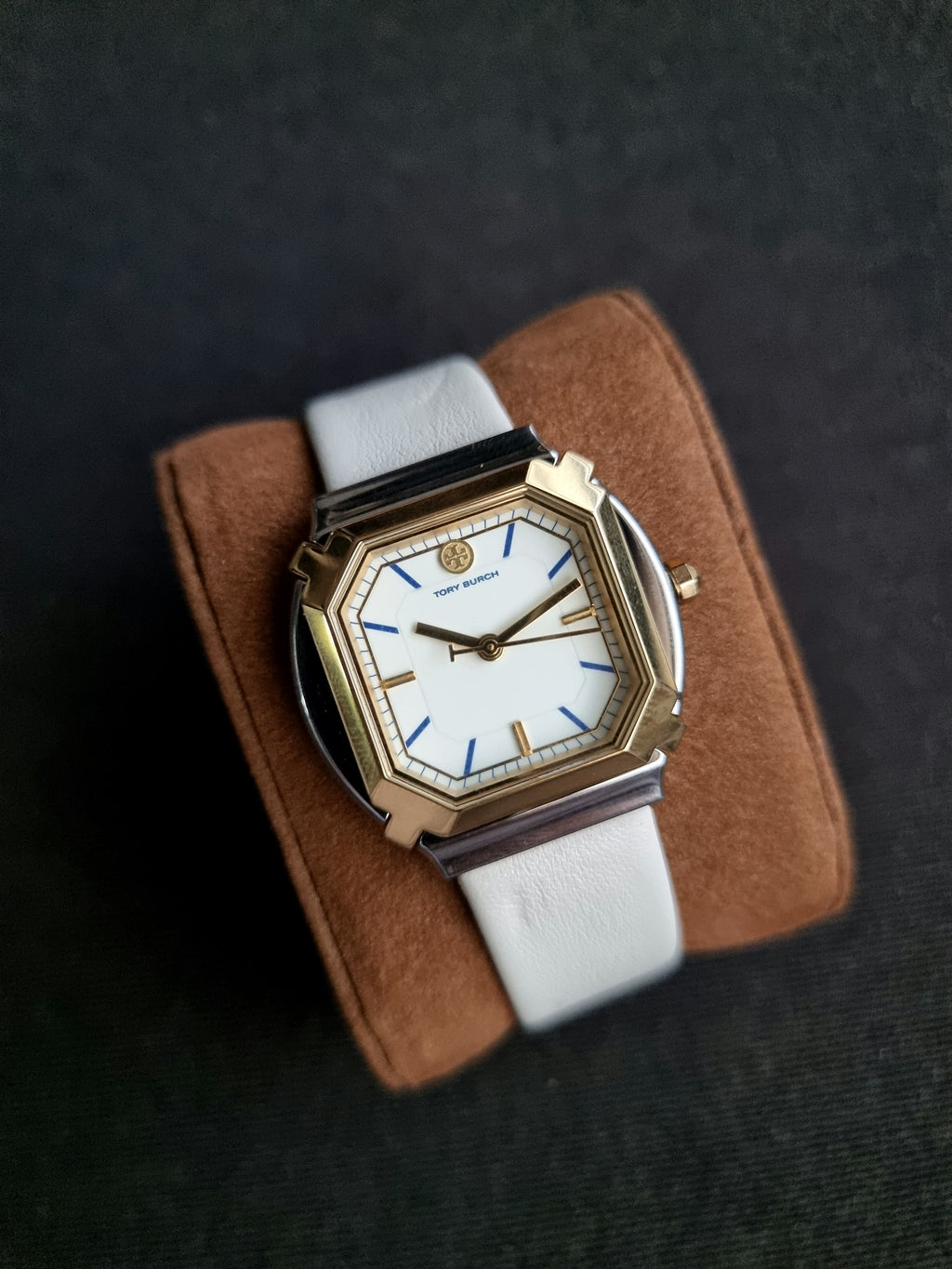 Tory Burch Blake  Leather Strap Silver & Gold Case 34mm Watch TBW5100