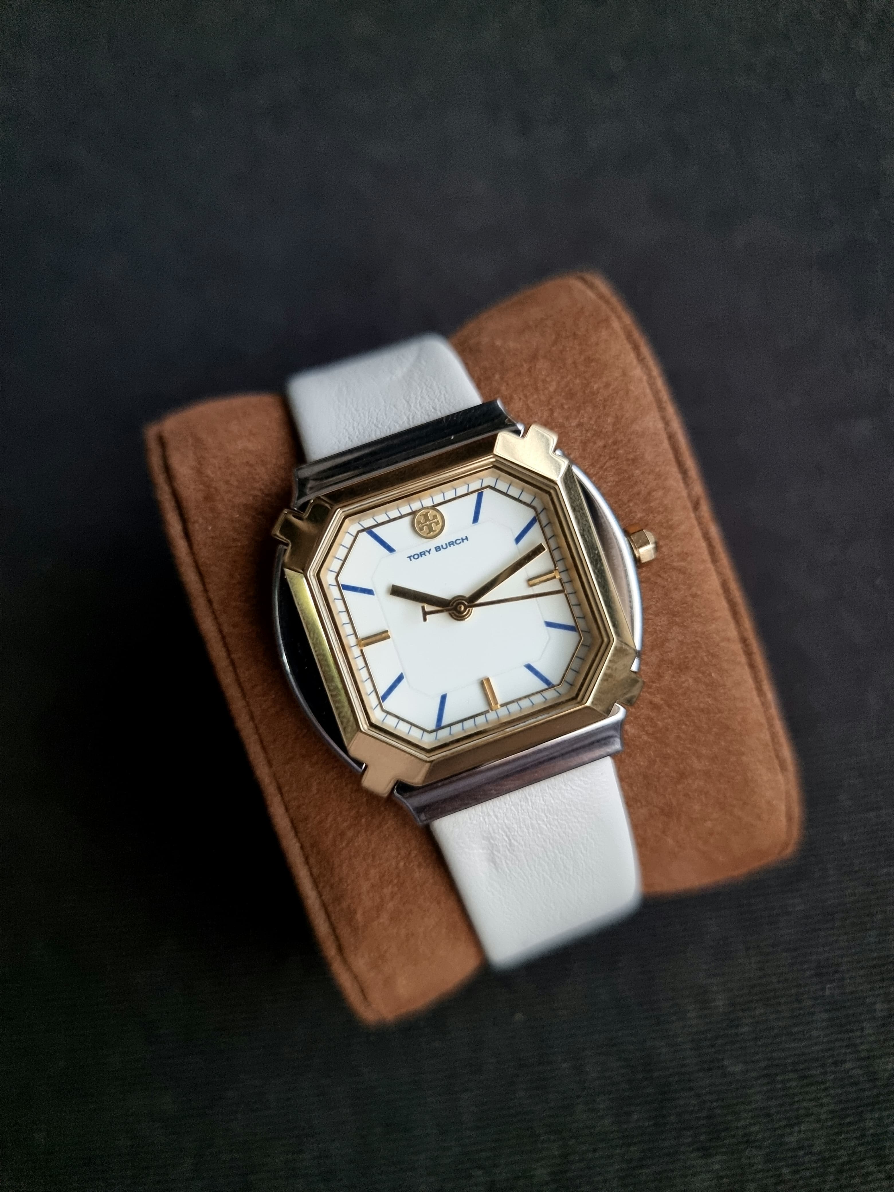 Tory Burch Blake  Leather Strap Silver & Gold Case 34mm Watch TBW5100