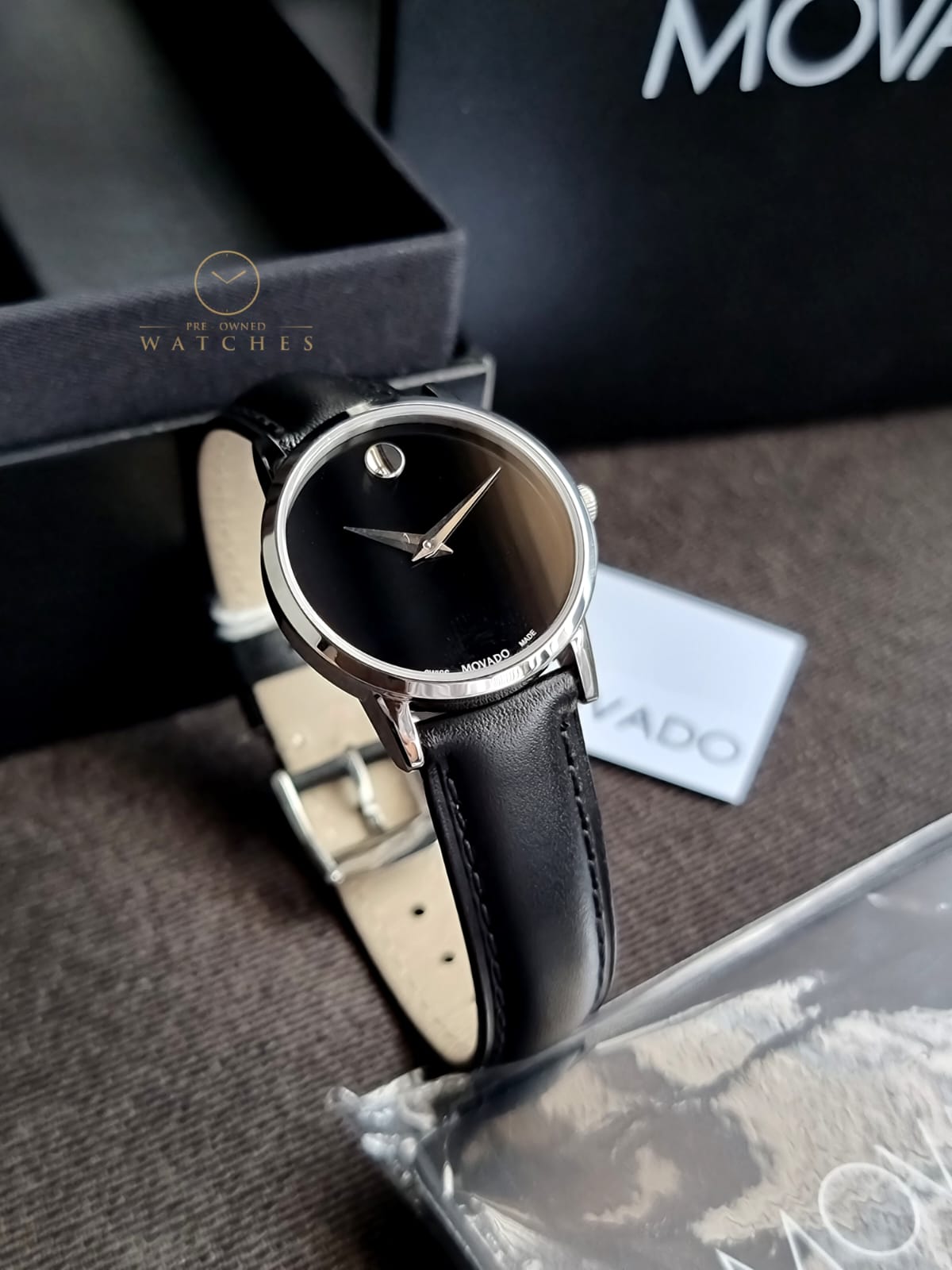 Movado Women's Swiss Made Quartz Black Leather Strap Black Dial