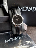 Movado Women’s Swiss Made Quartz Black Leather Strap Black Dial 28mm Watch 0607274