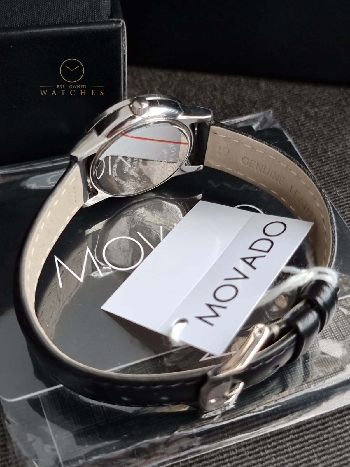 Movado Women’s Swiss Made Quartz Black Leather Strap Black Dial 28mm Watch 0607274