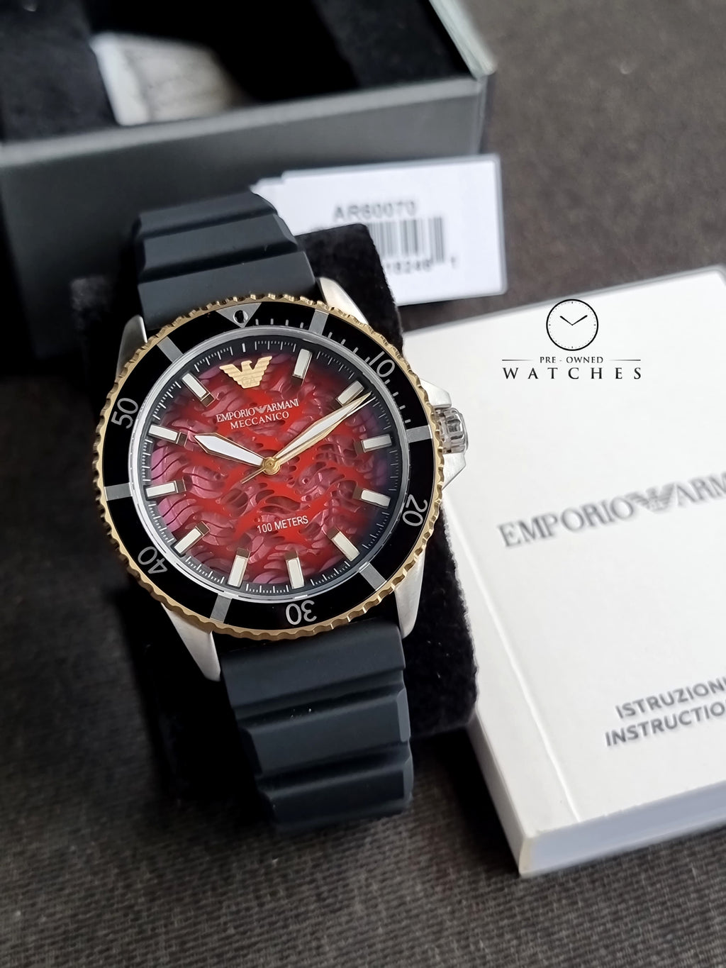 Emporio Armani Men’s Automatic Black Silicone Strap Red Dial 43mm Watch AR60070