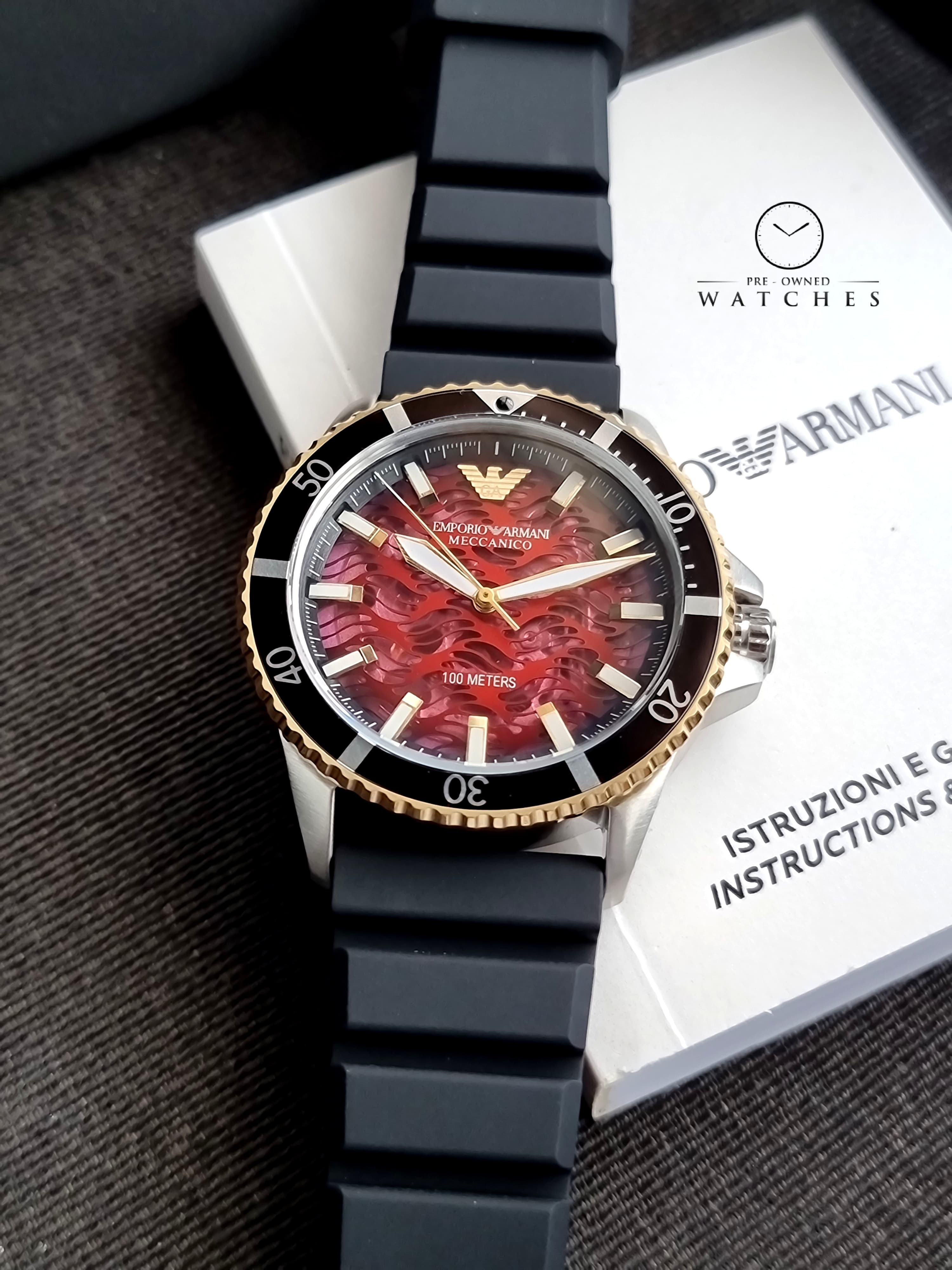 Emporio Armani Men’s Automatic Black Silicone Strap Red Dial 43mm Watch AR60070
