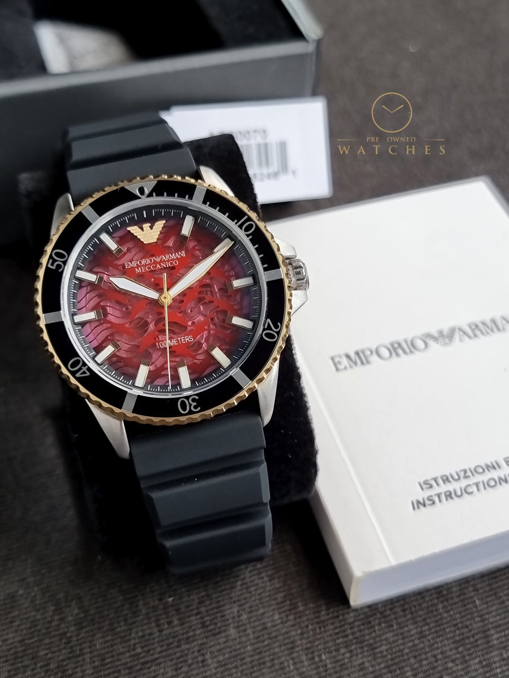 Emporio Armani Men’s Automatic Black Silicone Strap Red Dial 43mm Watch AR60070