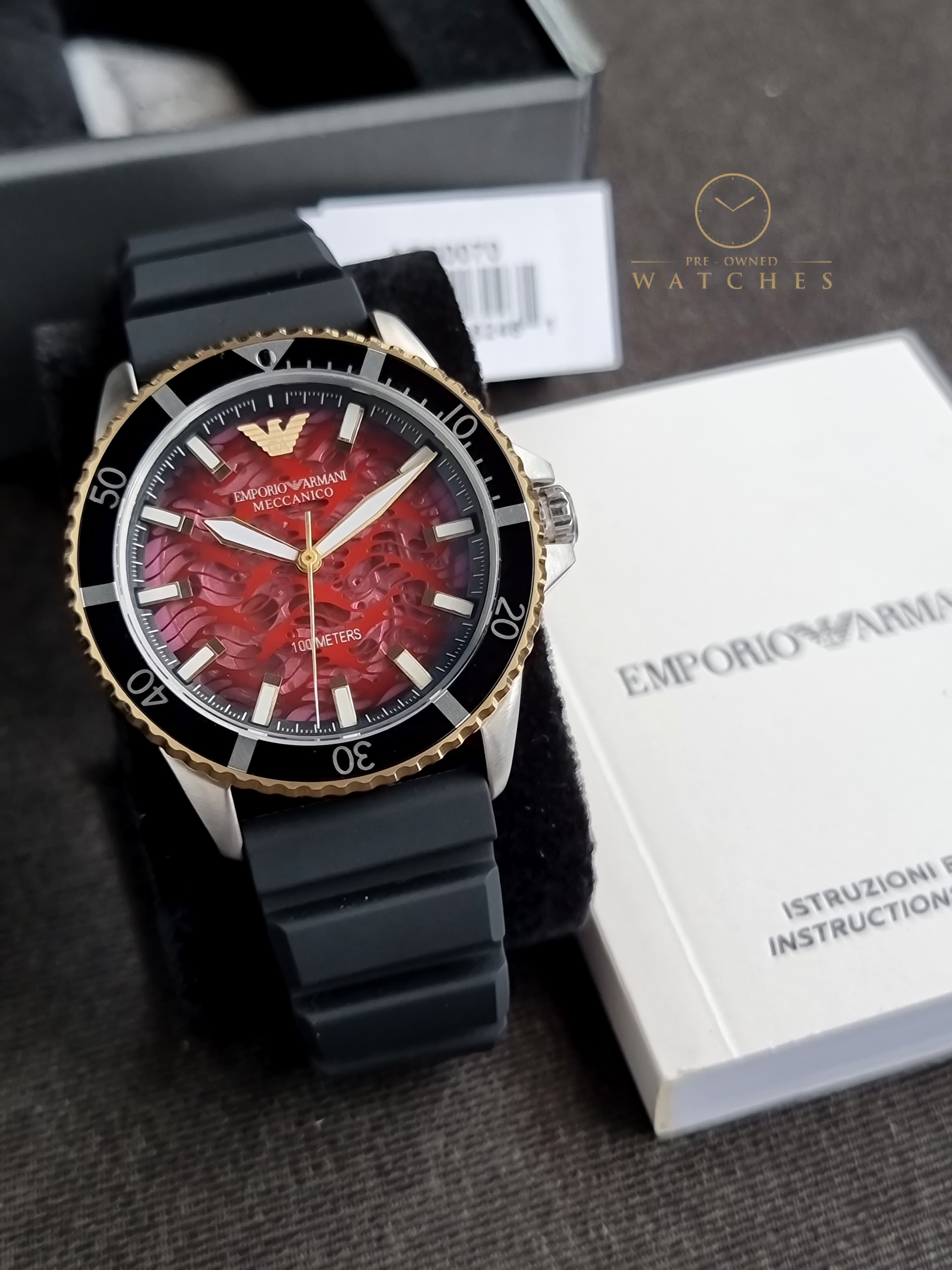 Emporio Armani Men’s Automatic Black Silicone Strap Red Dial 43mm Watch AR60070